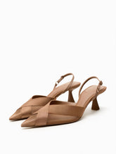 Tan Semi-Transparent Mesh Satin Buckled Slingback Pointy Kitten Flared Pumps
